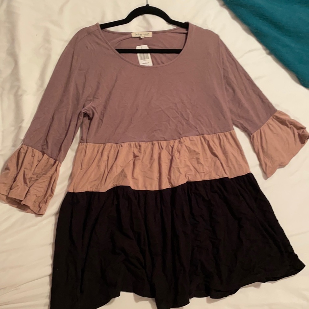 Indigo long sleeve dress. Taupe tan black